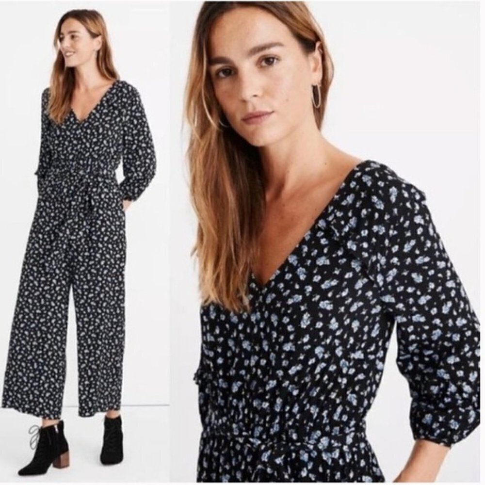 Madewell Black Floral Long Sleeve Jumpsuit Ruffle-Sleeve Tie-Waist